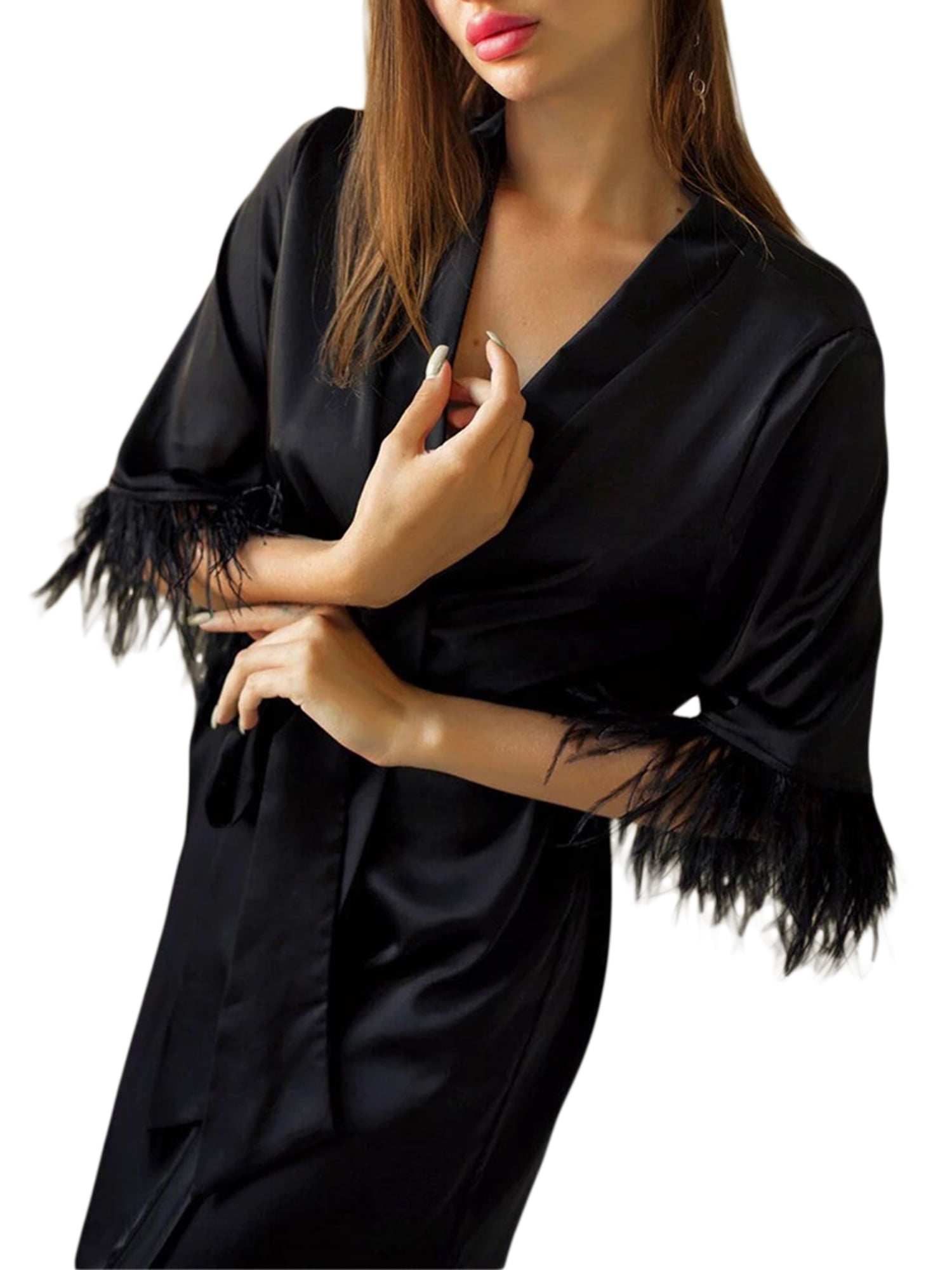 lousa Long Bridal Dressing Gown with Ostrich Silky Satin Feathers on the  Sleeves - Trendyol
